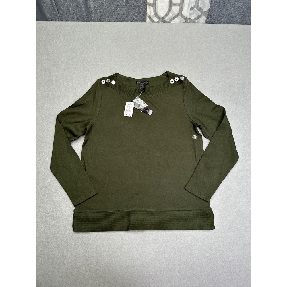 Preswick & Moore Petite PXL Rosin Green‎ Boat Neck Button Shoulder Top NEW